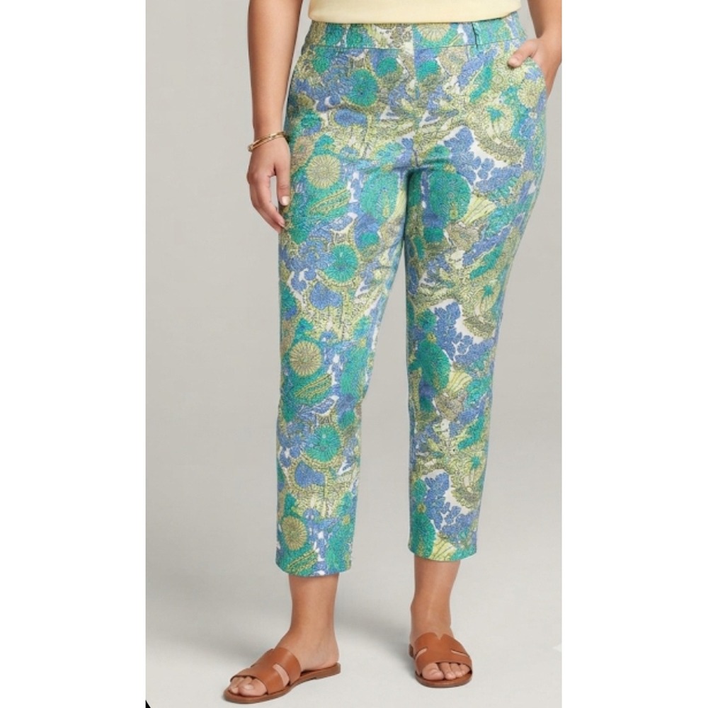 Talbots Perfect Crop Pants Womens 20W Green Blue Floral High Rise Cotton Stretch